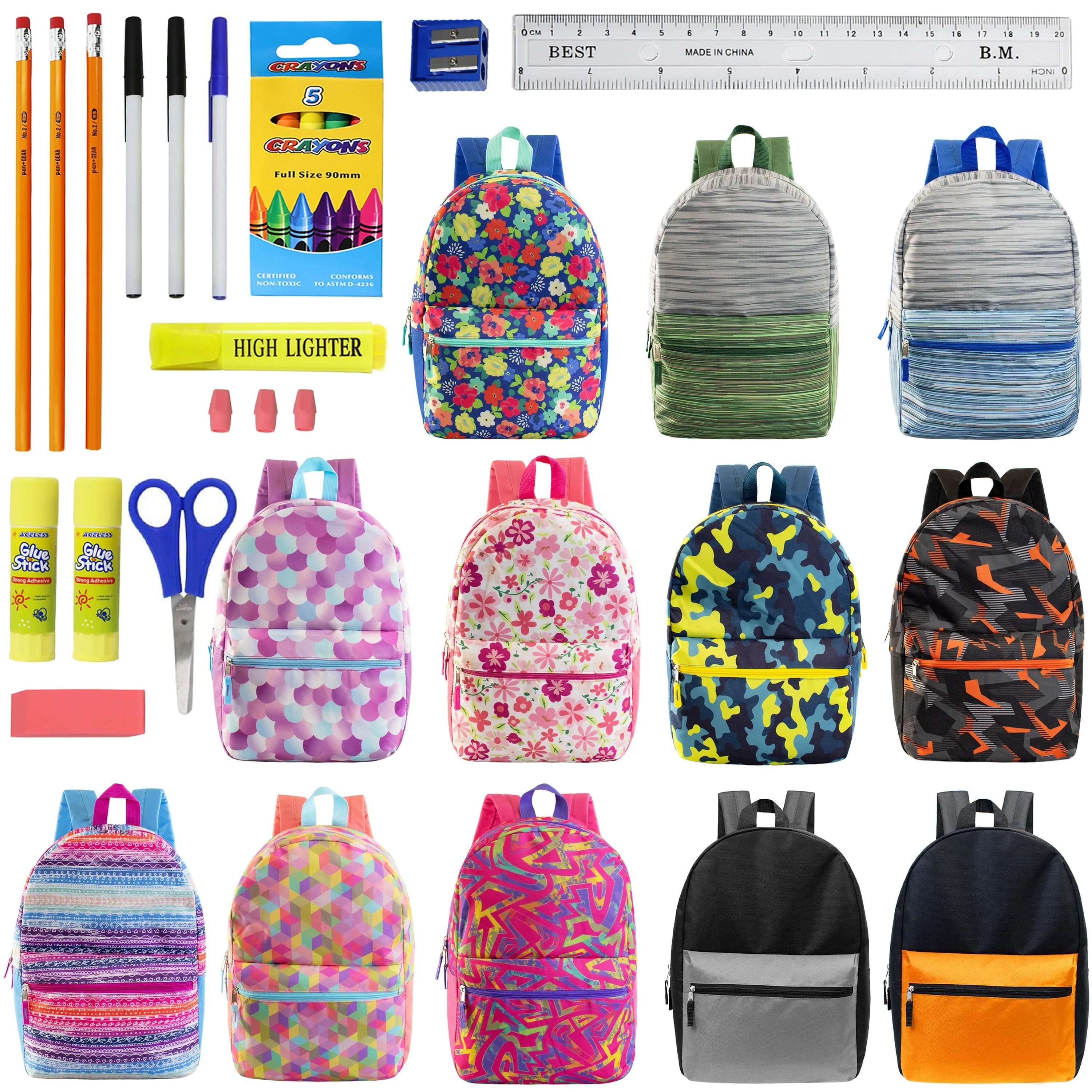 12 Wholesale 17" Backpacks in Assorted Designs & 12 Bulk School Supply Kits of Your Choice