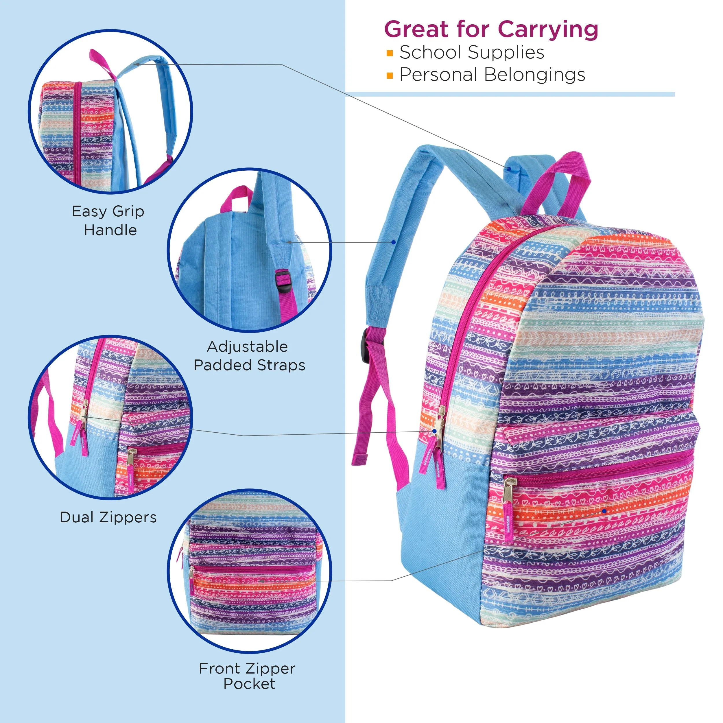 12 Wholesale 17" Backpacks in Assorted Designs & 12 Bulk School Supply Kits of Your Choice