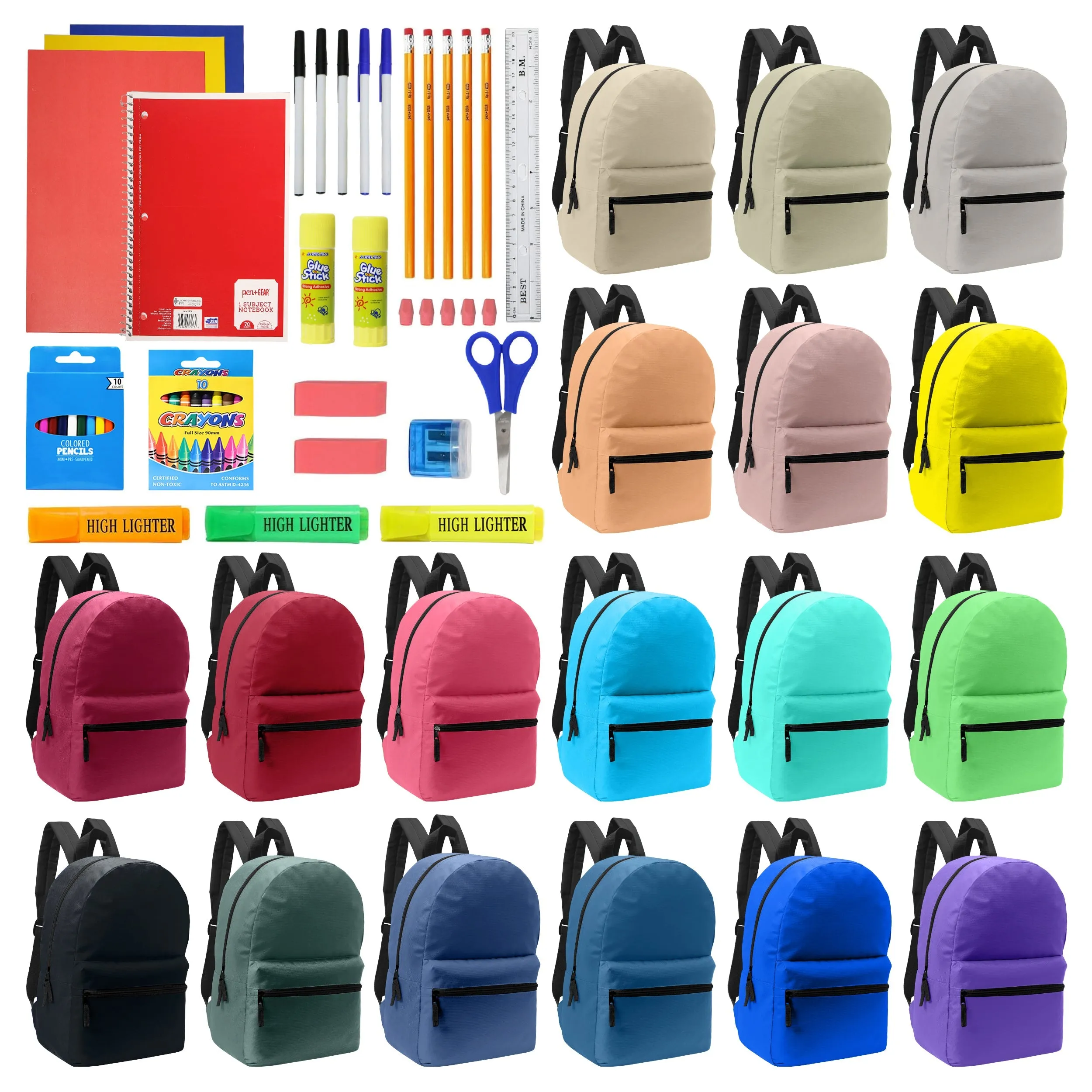 12 Wholesale Random Color 17" Backpacks and 12 Bulk School Supply Kits of Your Choice