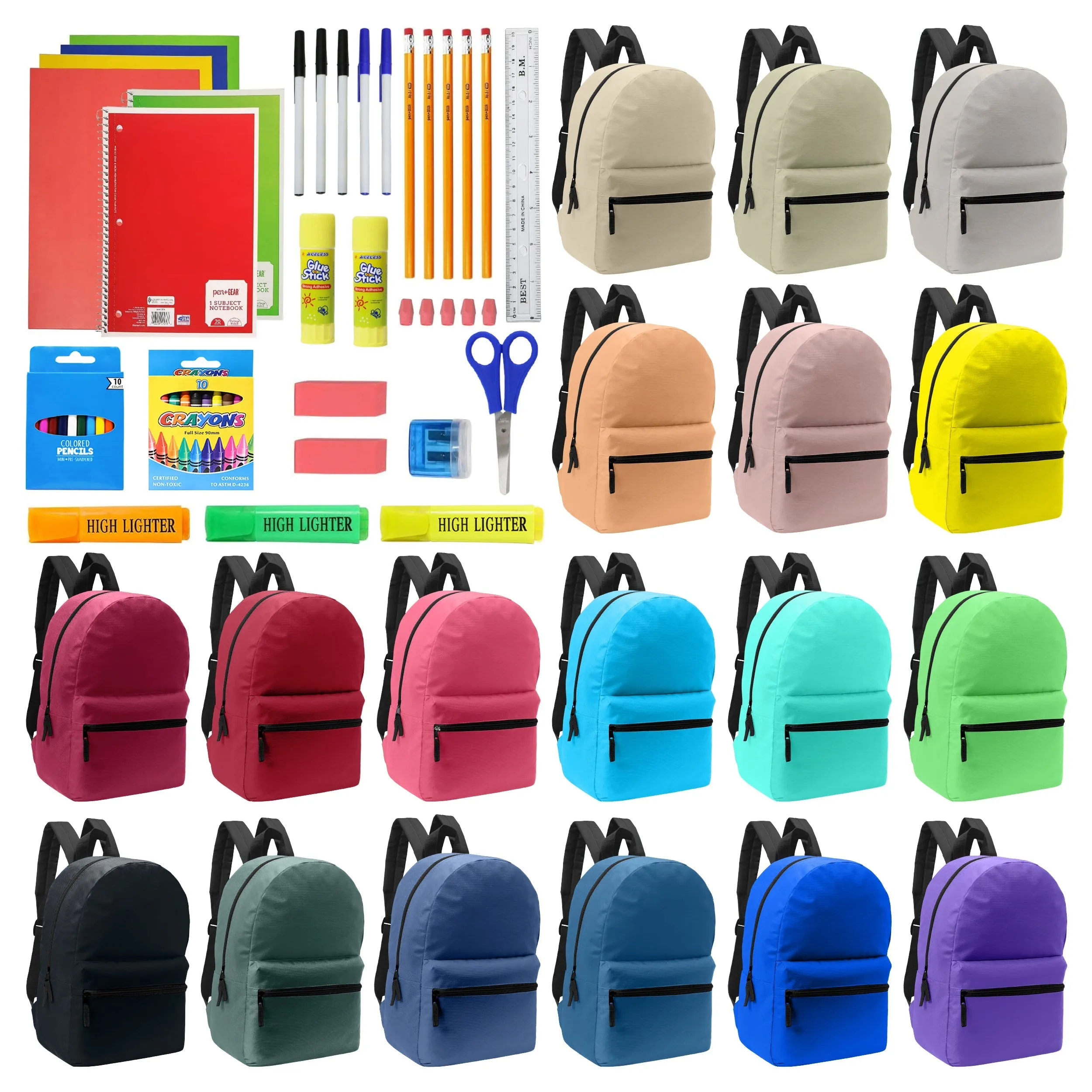 12 Wholesale Random Color 17" Backpacks and 12 Bulk School Supply Kits of Your Choice