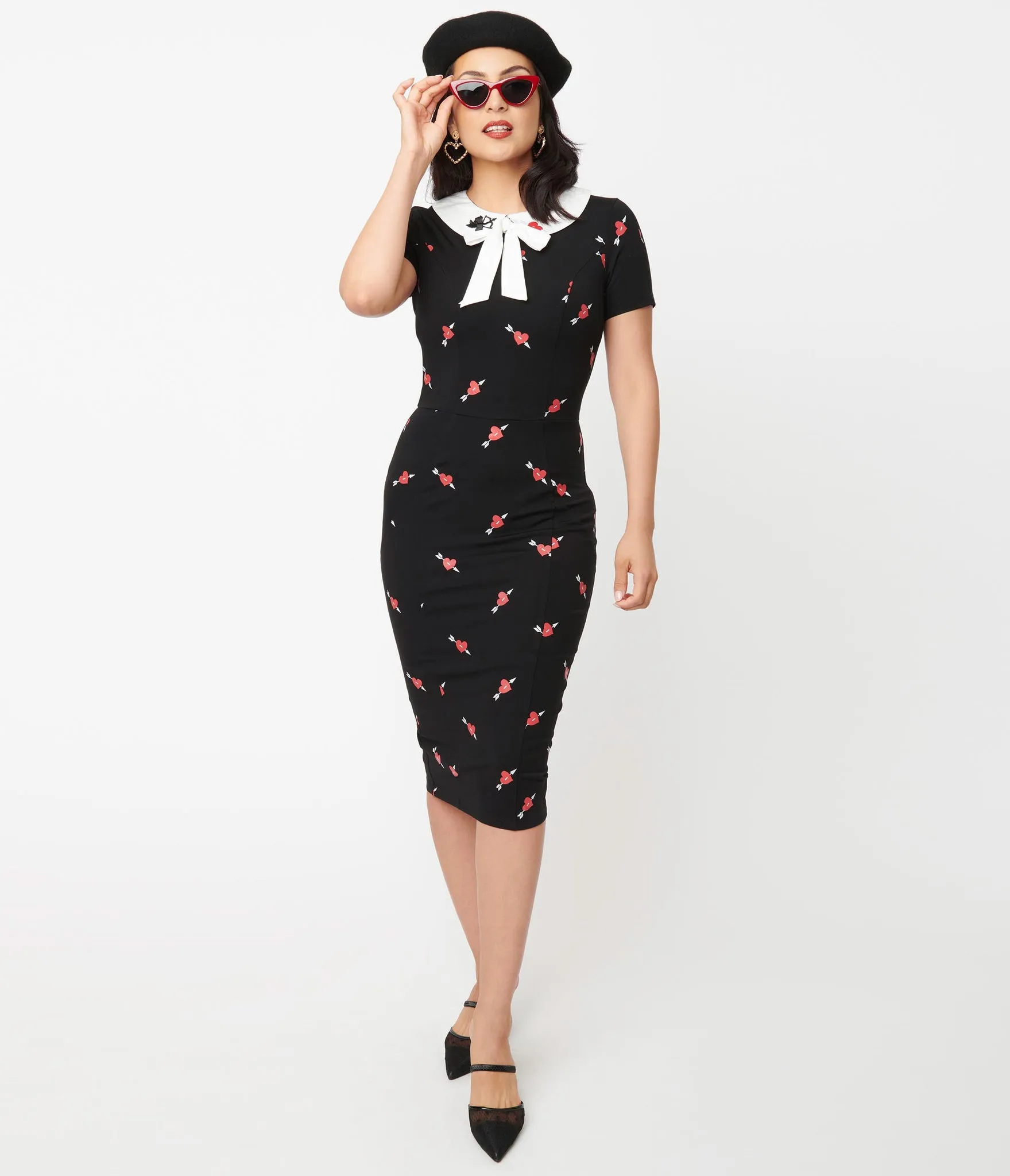 Black and Pierced Heart Print Renata Pencil Dress