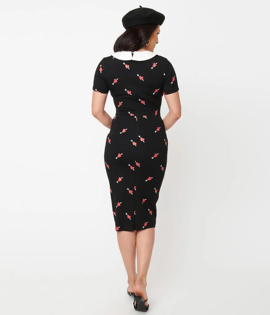 Black and Pierced Heart Print Renata Pencil Dress