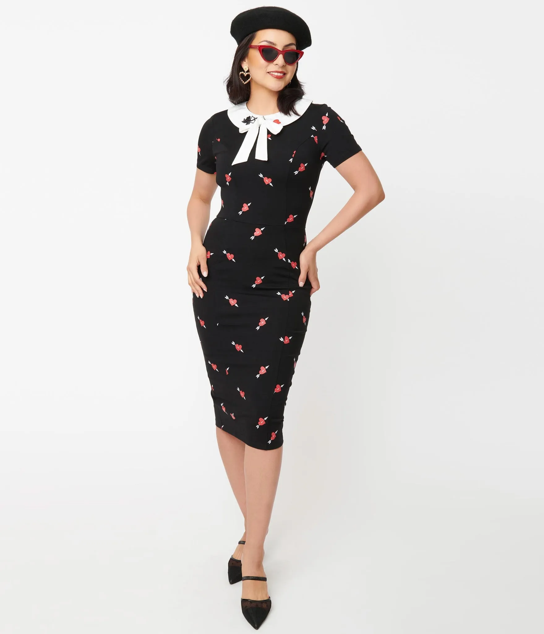 Black and Pierced Heart Print Renata Pencil Dress