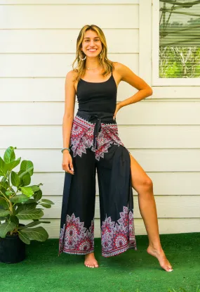 Black Floral Mandala Palazzo Wrap Pants