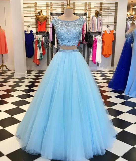 Blue two pieces tulle blue long prom dress, blue tulle evening dress