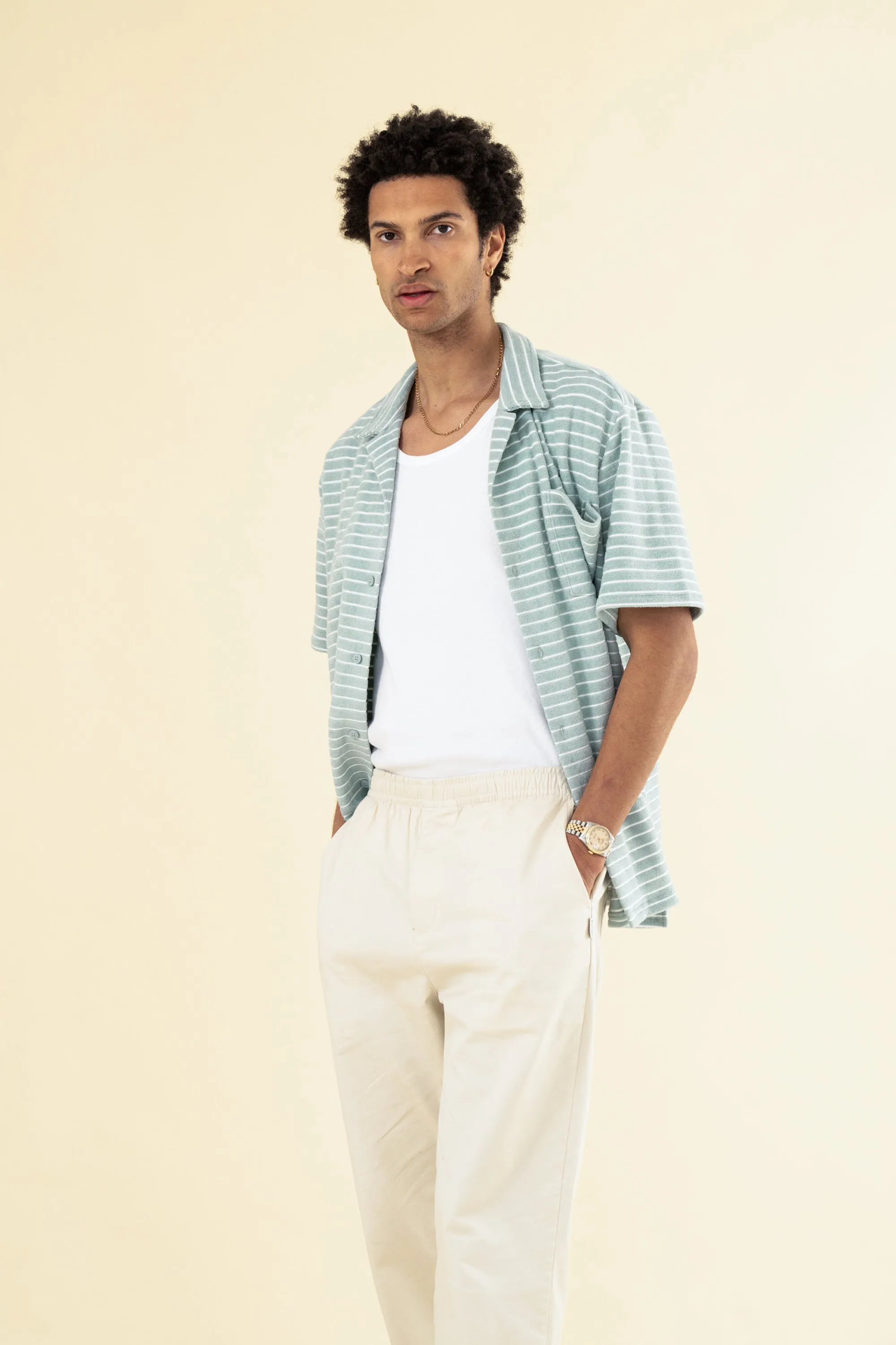 bound Stripe Terry Towel SS Cotton Shirt - Light Blue