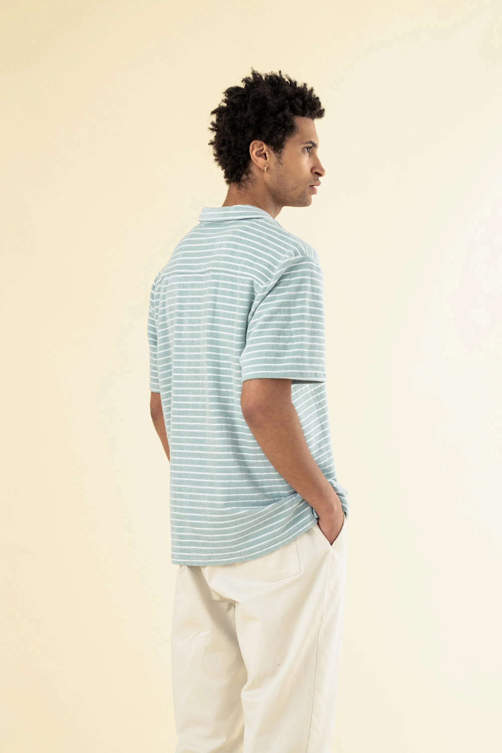 bound Stripe Terry Towel SS Cotton Shirt - Light Blue