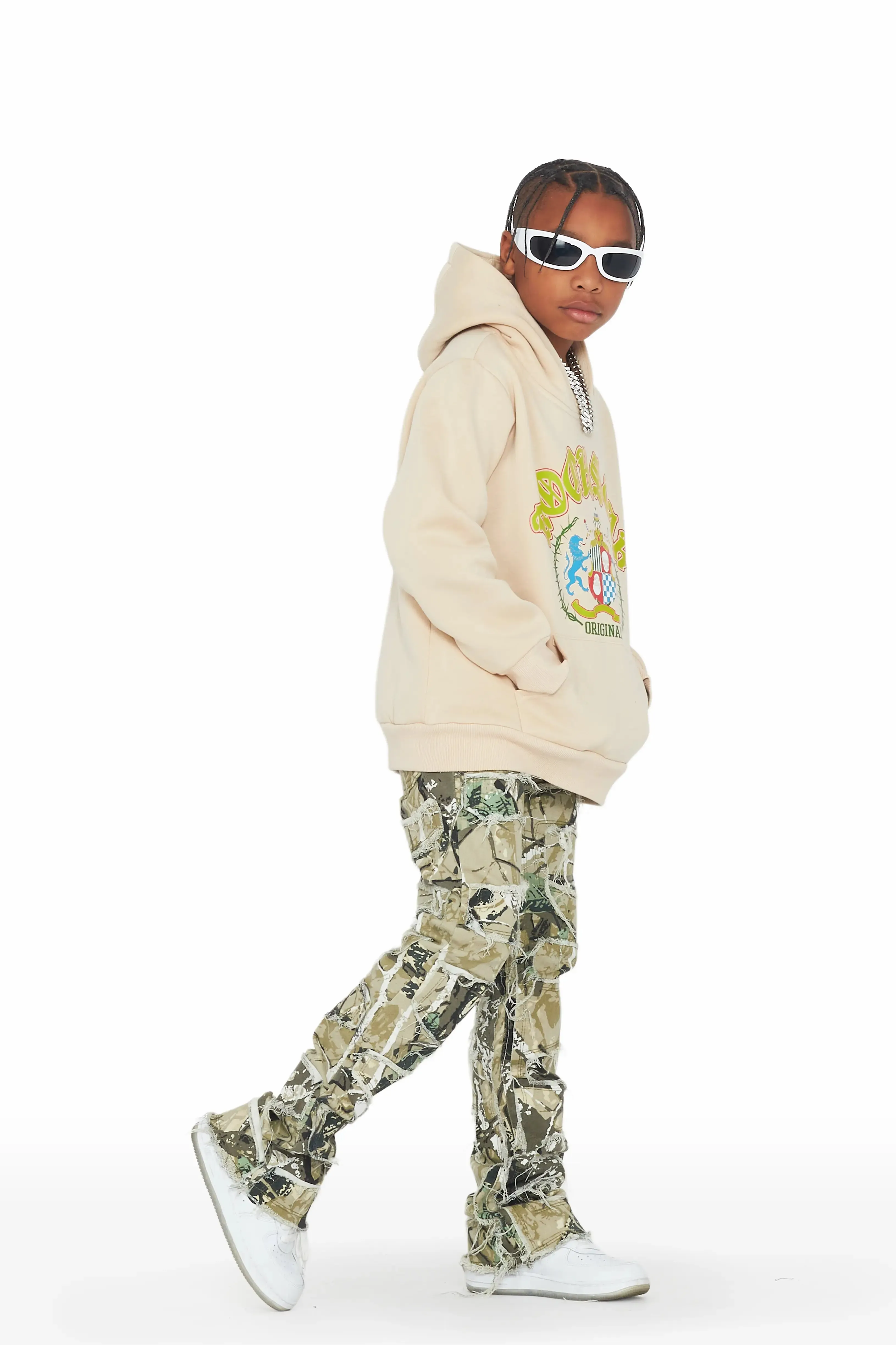 Boys Brody Beige Hoodie/Camo Stacked Flare Jean