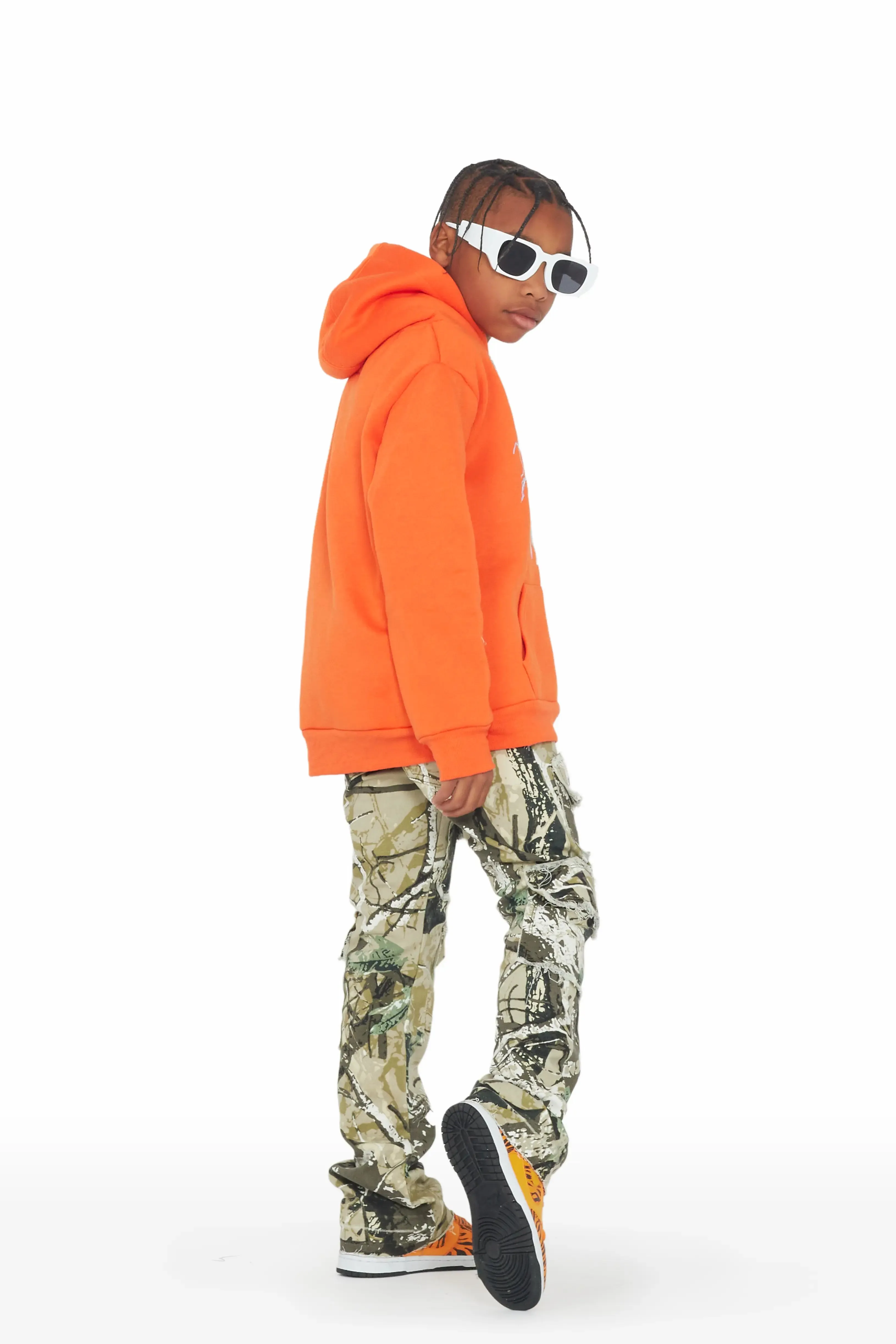 Boys Clayy Orange Hoodie/Tree Camo Stacked Flare Jean Set