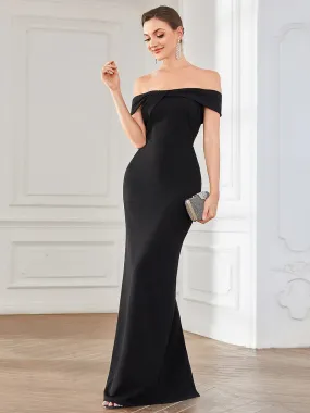 Collared Off-Shoulder Back Slit Fitted Evening Dress