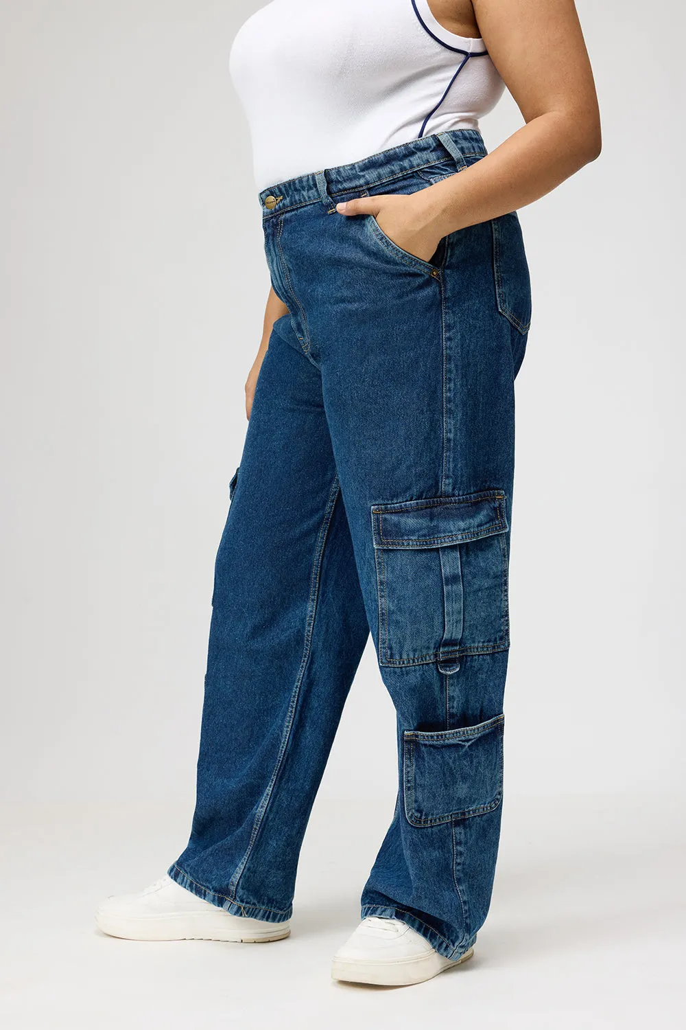 Curve Multi-Pocket Blue Denim Cargo Jeans