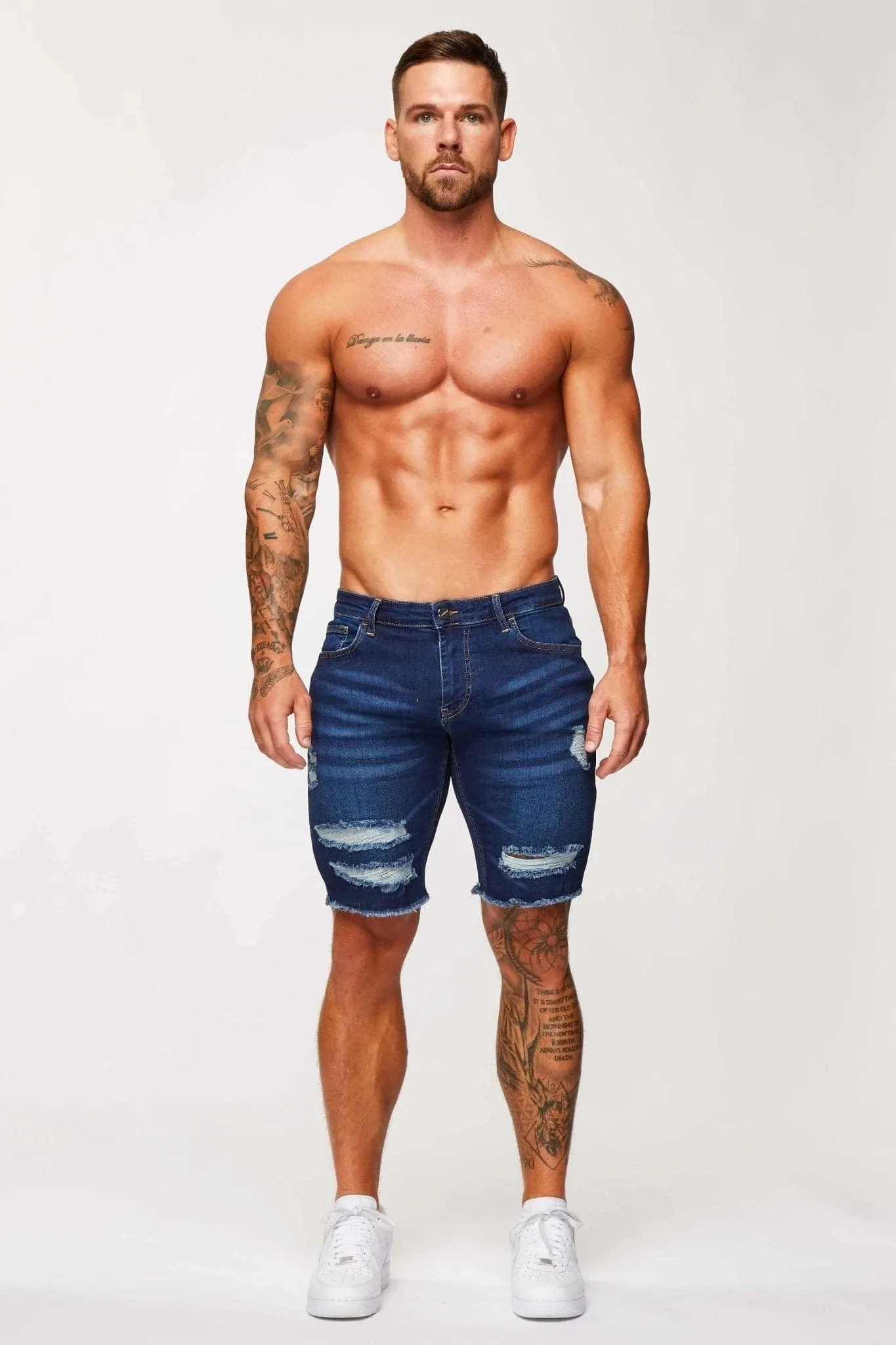 DARK BLUE DENIM SHORTS - RIPPED & REPAIRED