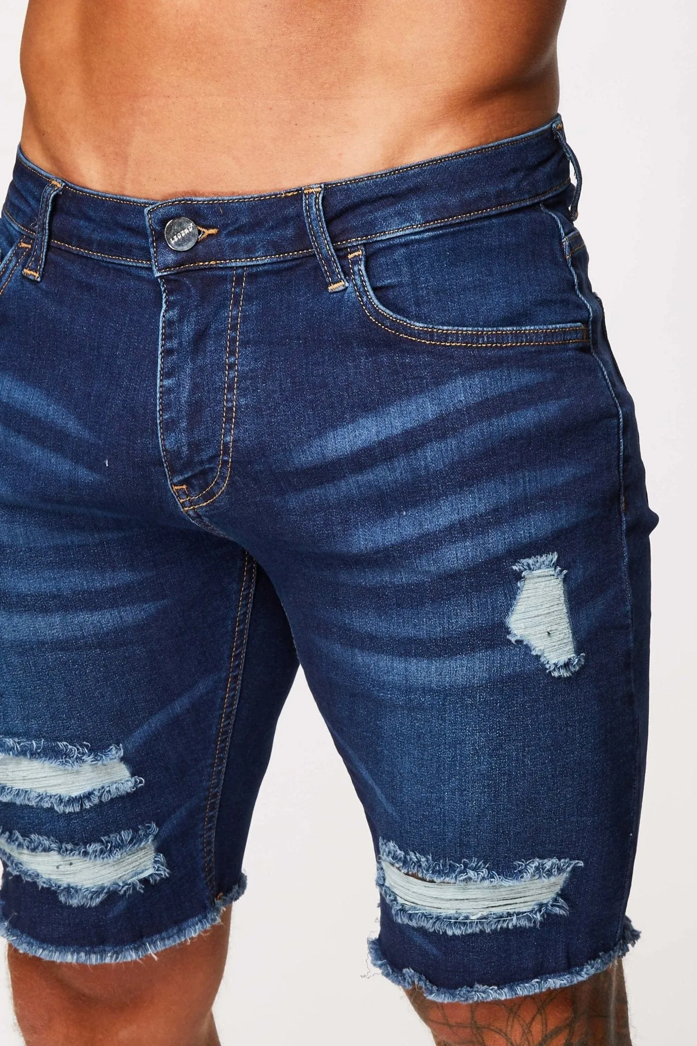 DARK BLUE DENIM SHORTS - RIPPED & REPAIRED