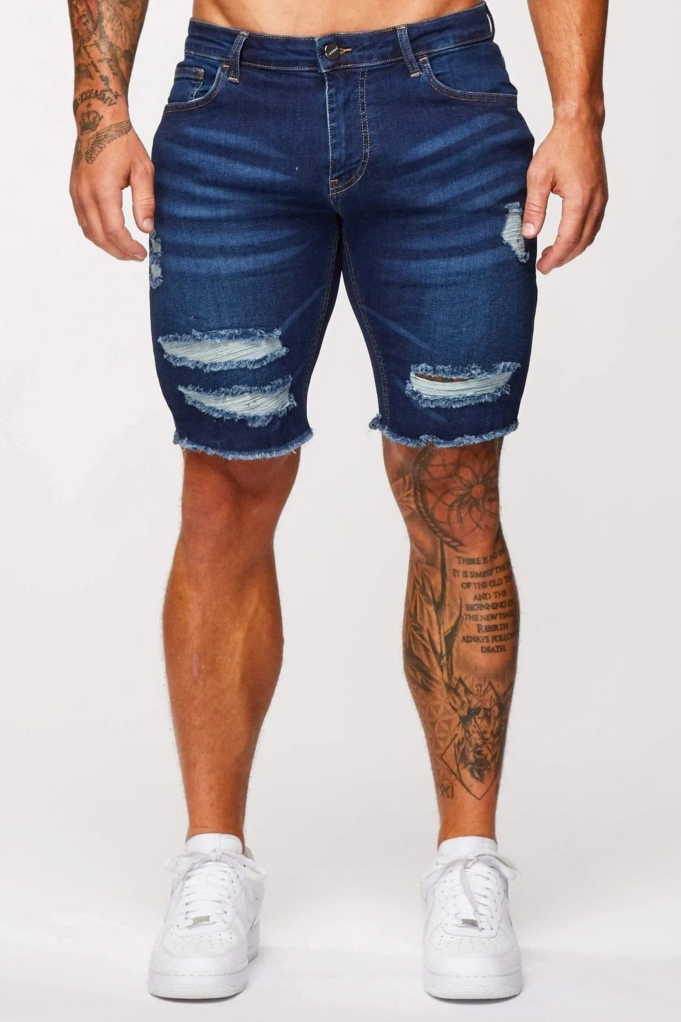 DARK BLUE DENIM SHORTS - RIPPED & REPAIRED