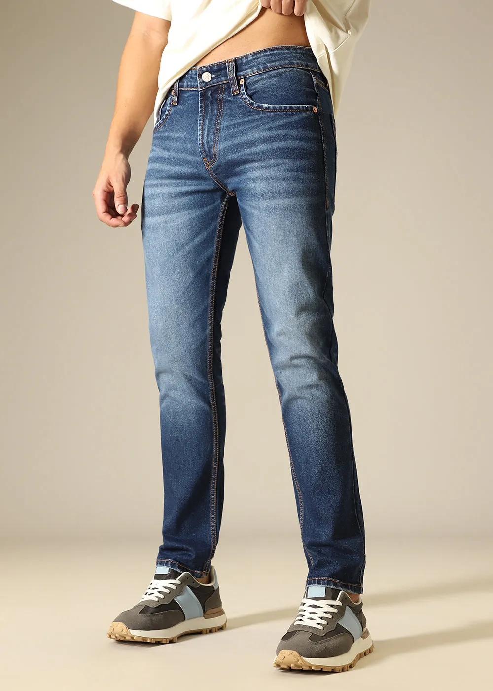 Dark Blue Faded Ankle Slim Fit Jeans