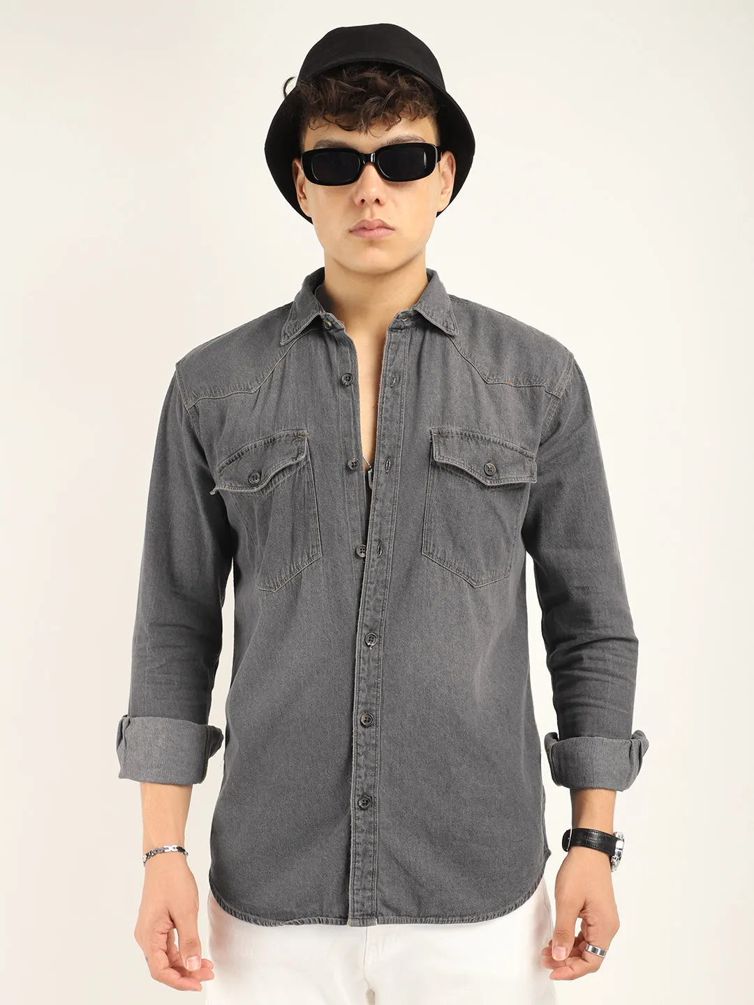 DenimDrift Washed Grey Shirt