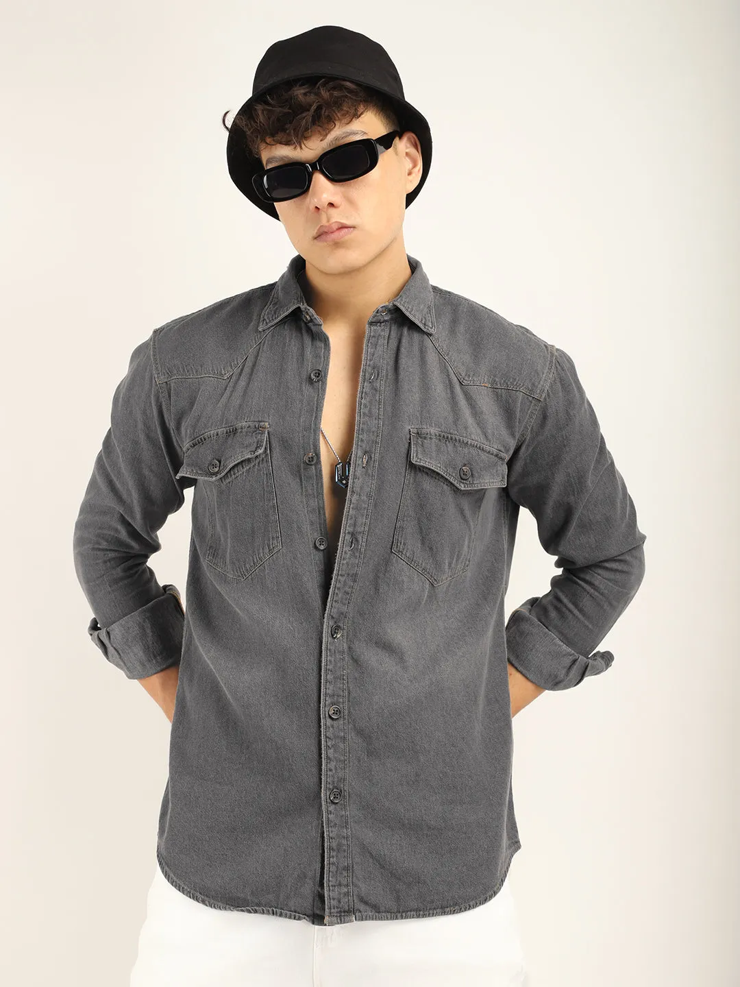 DenimDrift Washed Grey Shirt