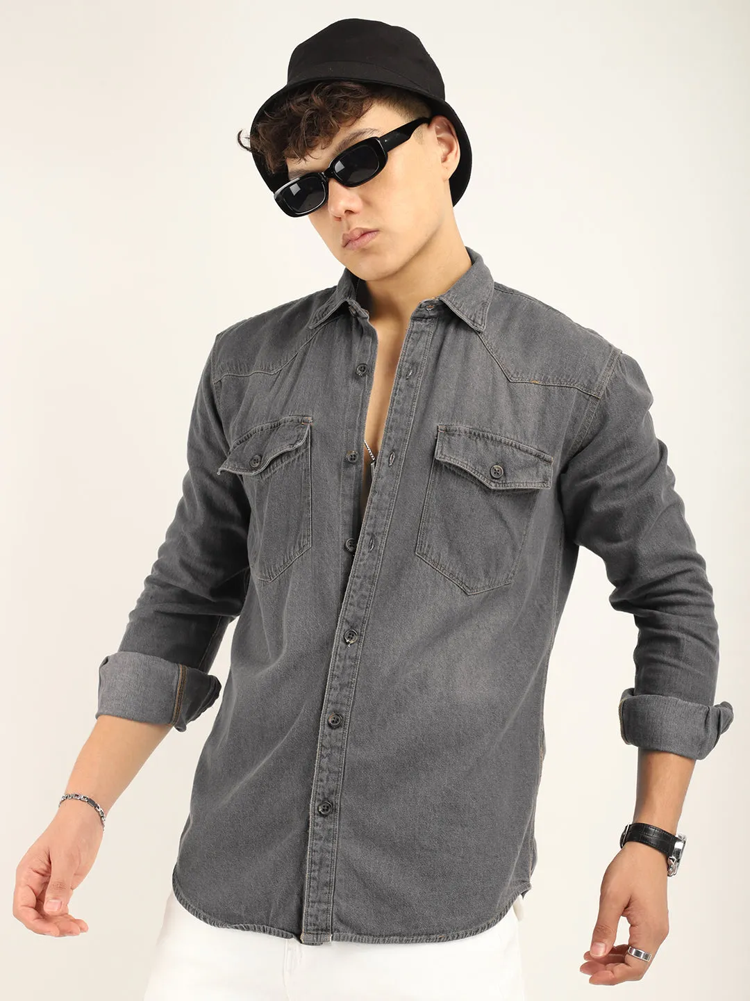 DenimDrift Washed Grey Shirt