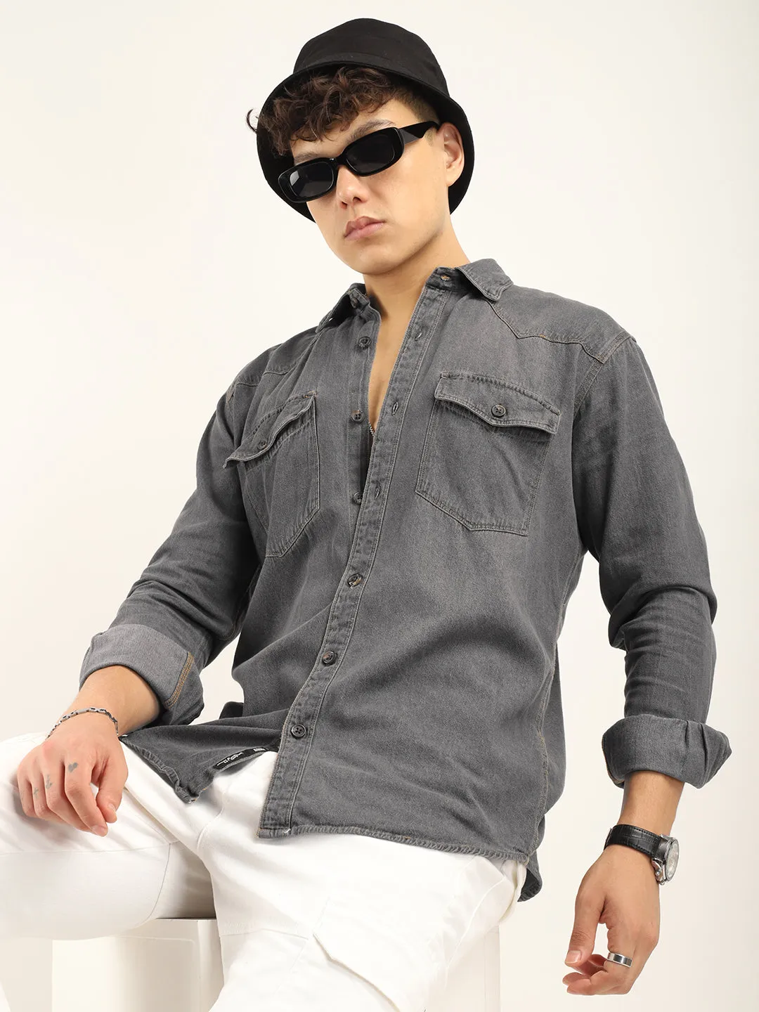 DenimDrift Washed Grey Shirt