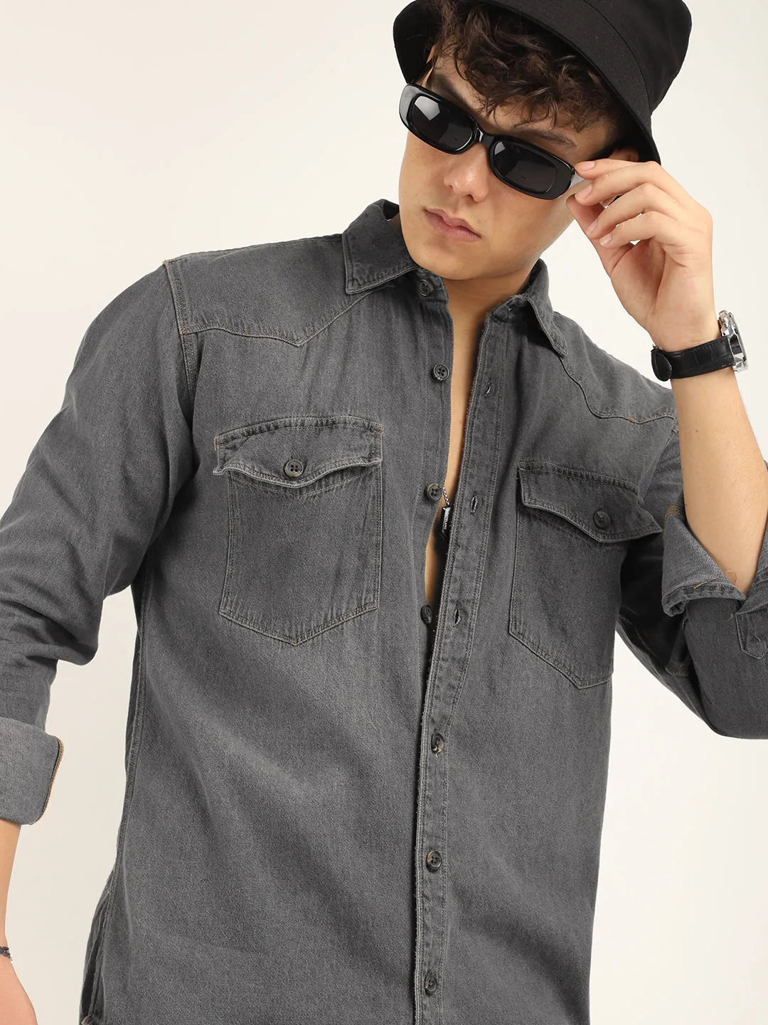 DenimDrift Washed Grey Shirt