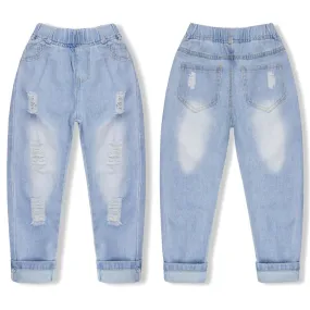 Girl Boy Jeans Kid Ripped Casual Elastic Waist Denim Pants