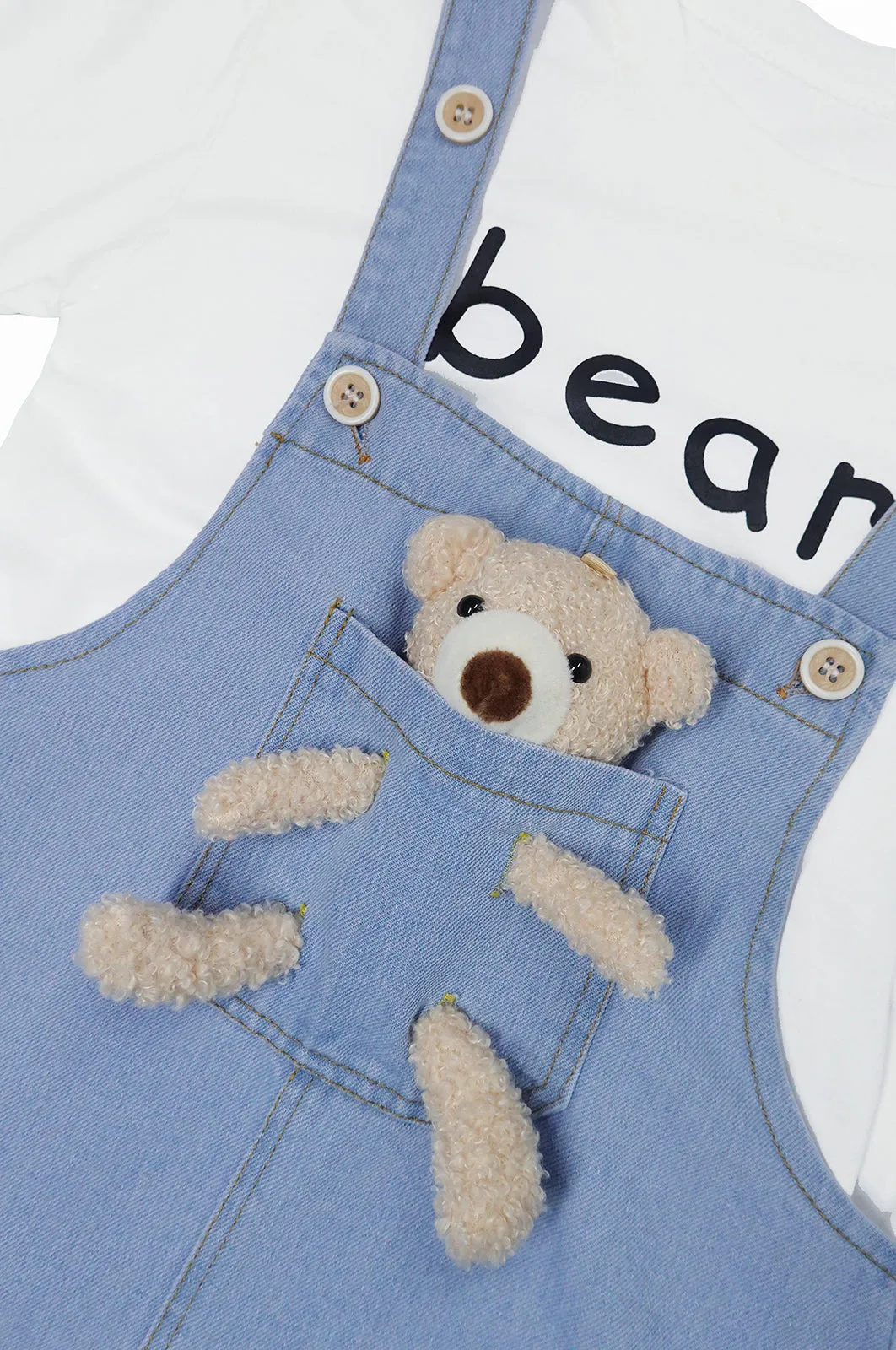 Girls Denim Overalls Dress,Cute Bear Simple Design Summer Colored Jumpsuit Dress and Set