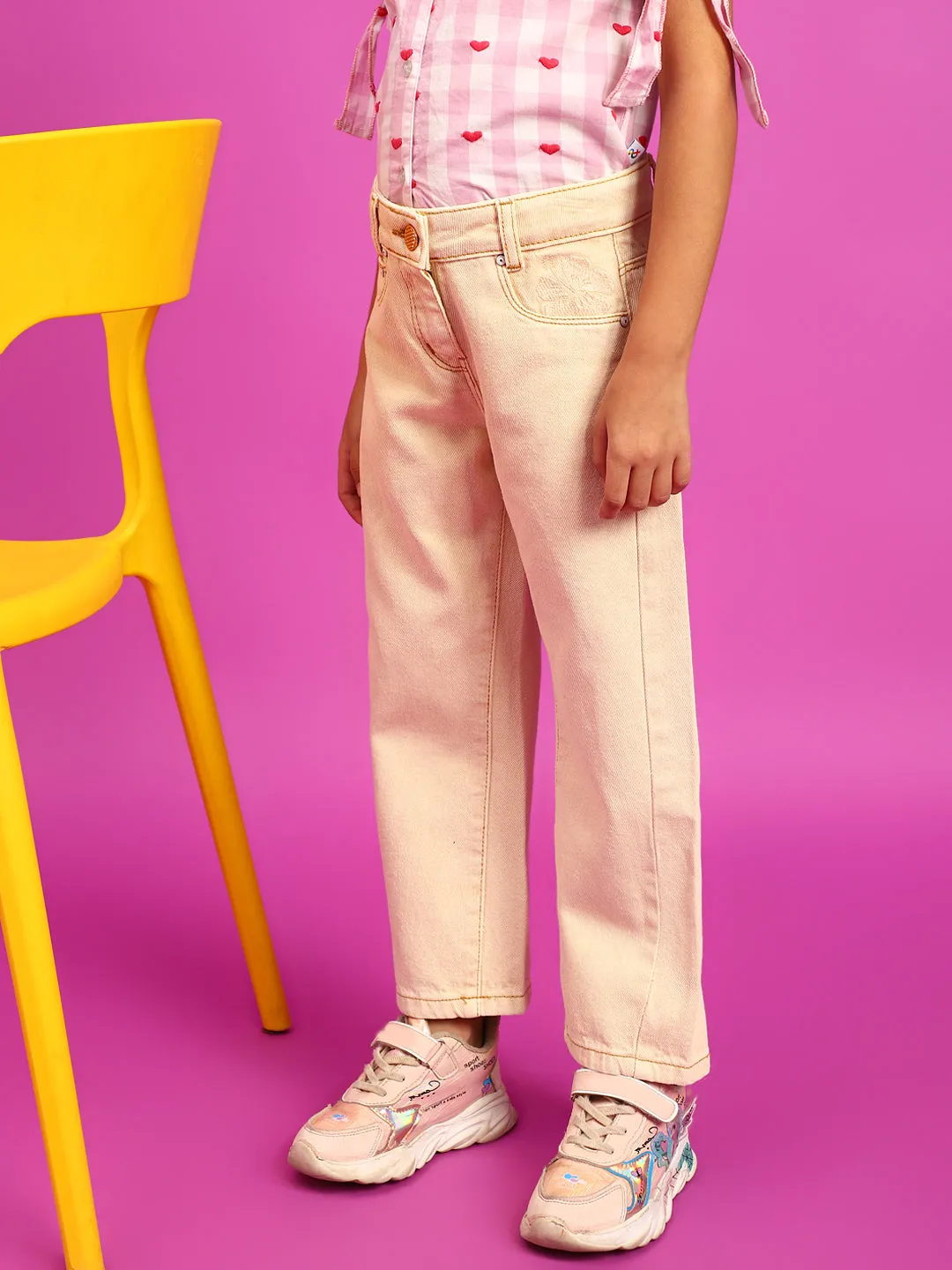 Girls Pink Straight fit Cotton Jeans