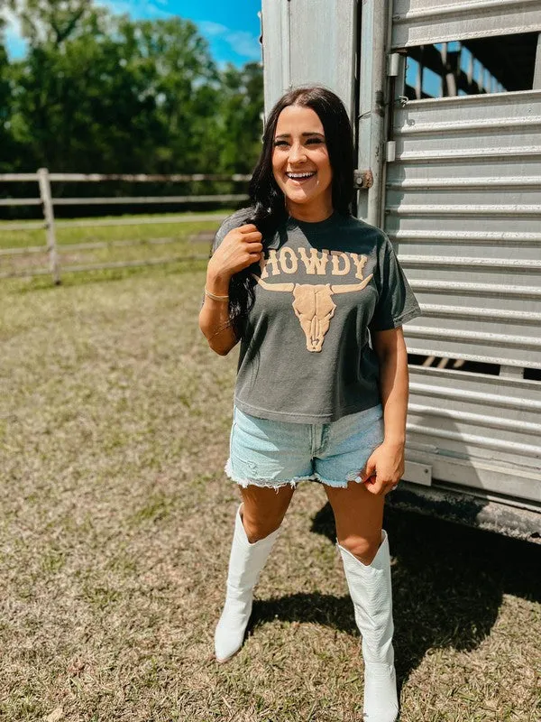 Howdy Longhorn Puff Midi Cropped Tee