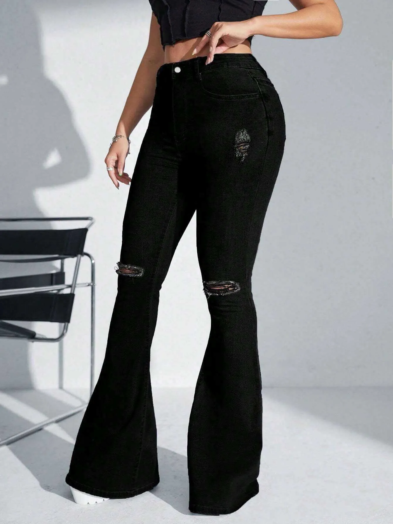 Ladies High Waist Ripped Flare Leg Jeans