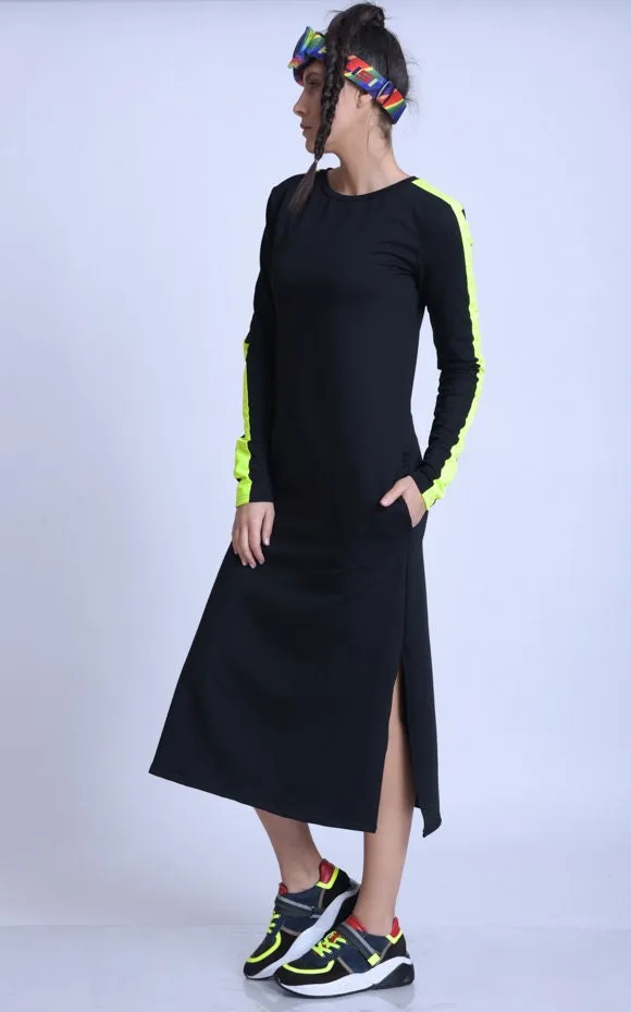 Long Sleeve Casual Dress With Neon Details