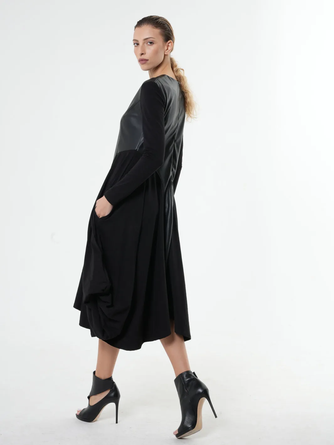 Long Sleeve Dress With Vegan Leather Front