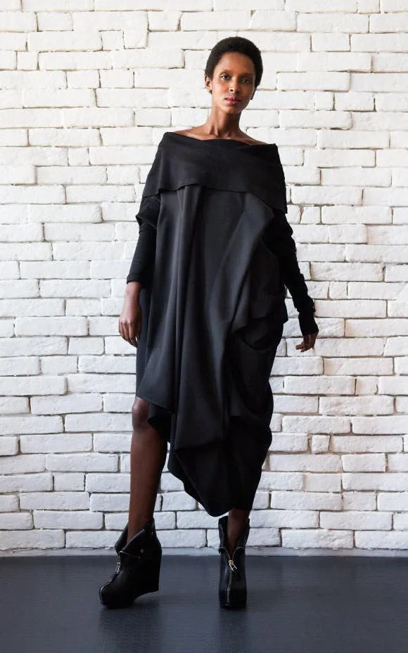 Loose Open Shoulders Dress In Black