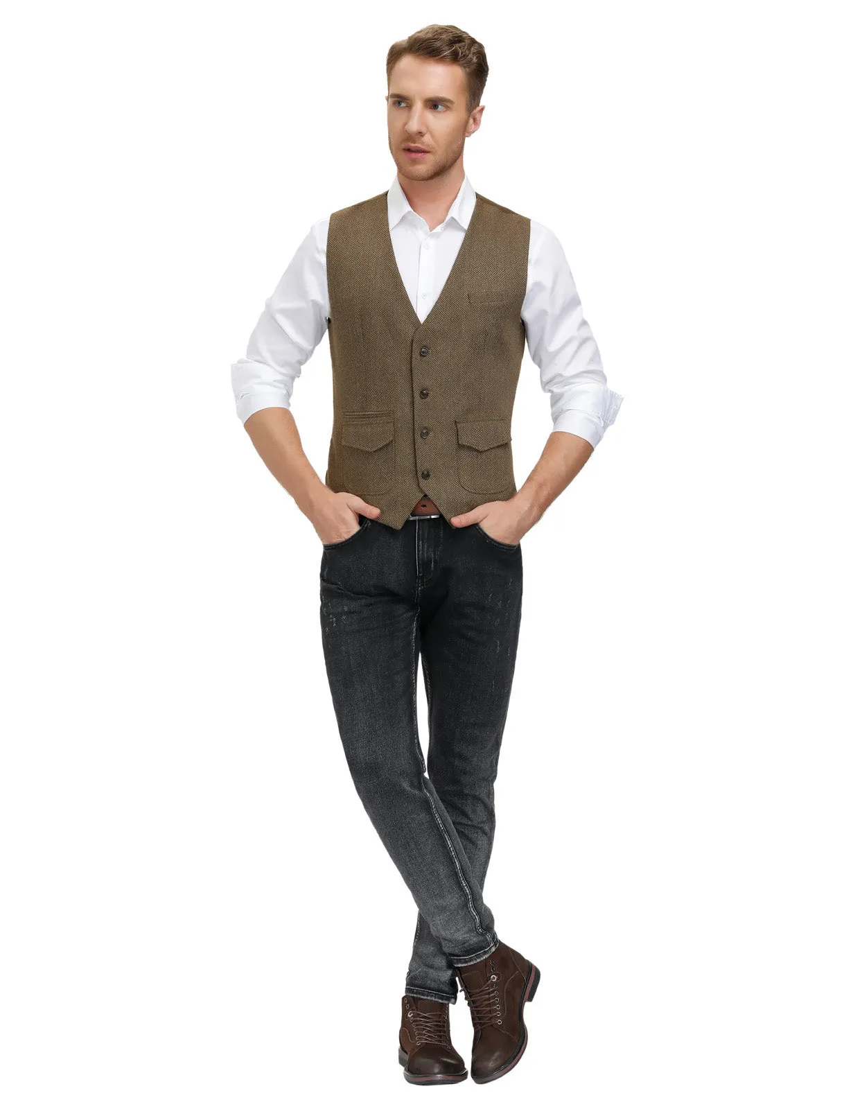 Men's British Herringbone Tweed Vest Casual Wool Blend Waistcoat with Pockets