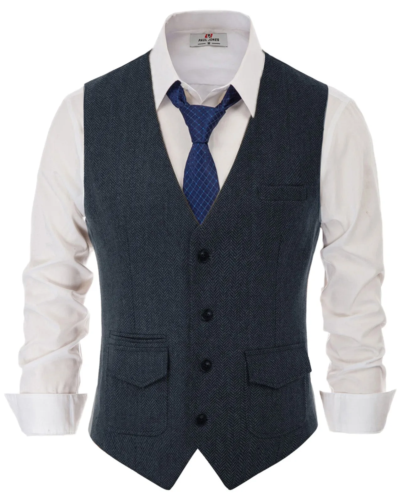 Men's British Herringbone Tweed Vest Casual Wool Blend Waistcoat with Pockets