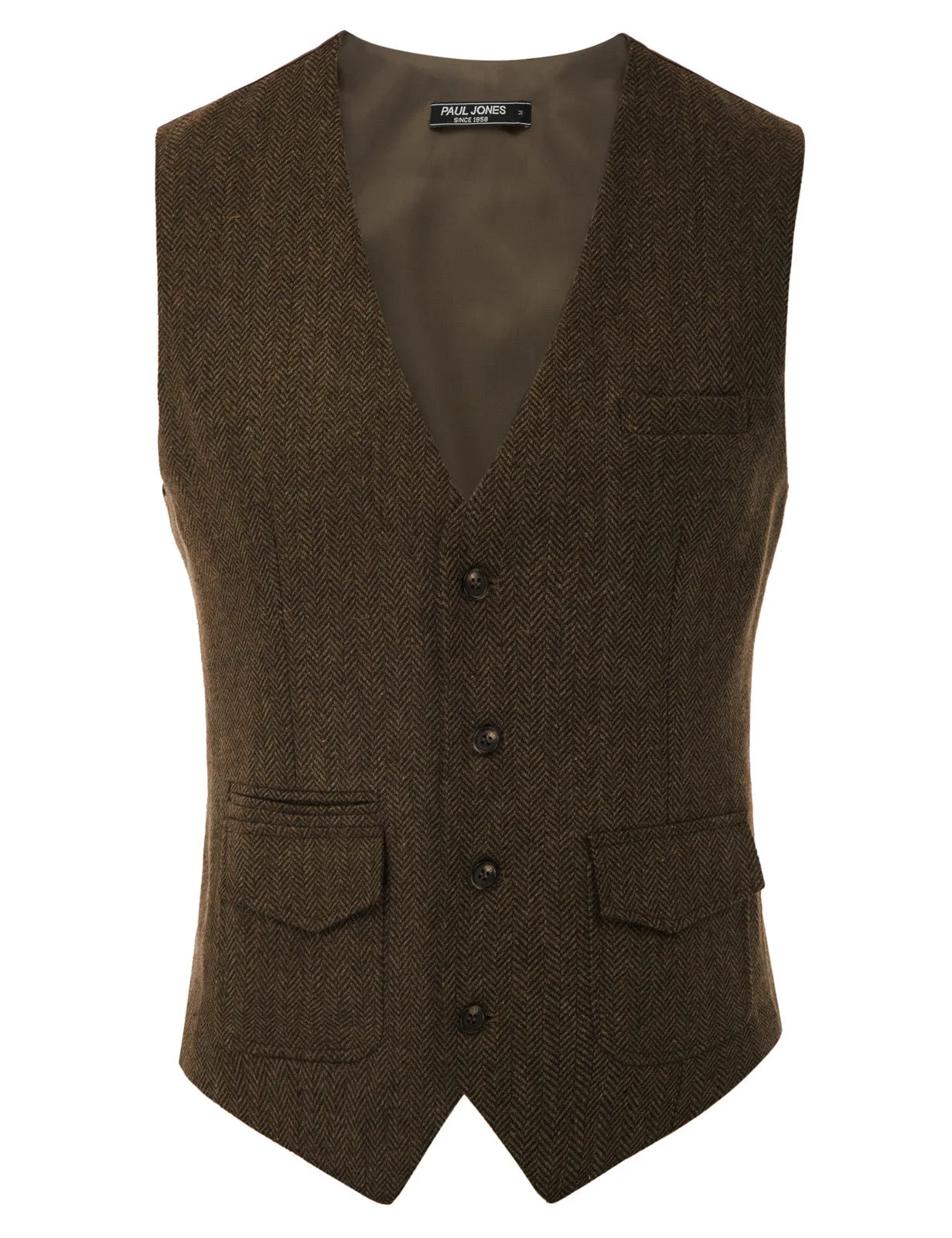 Men's British Herringbone Tweed Vest Casual Wool Blend Waistcoat with Pockets