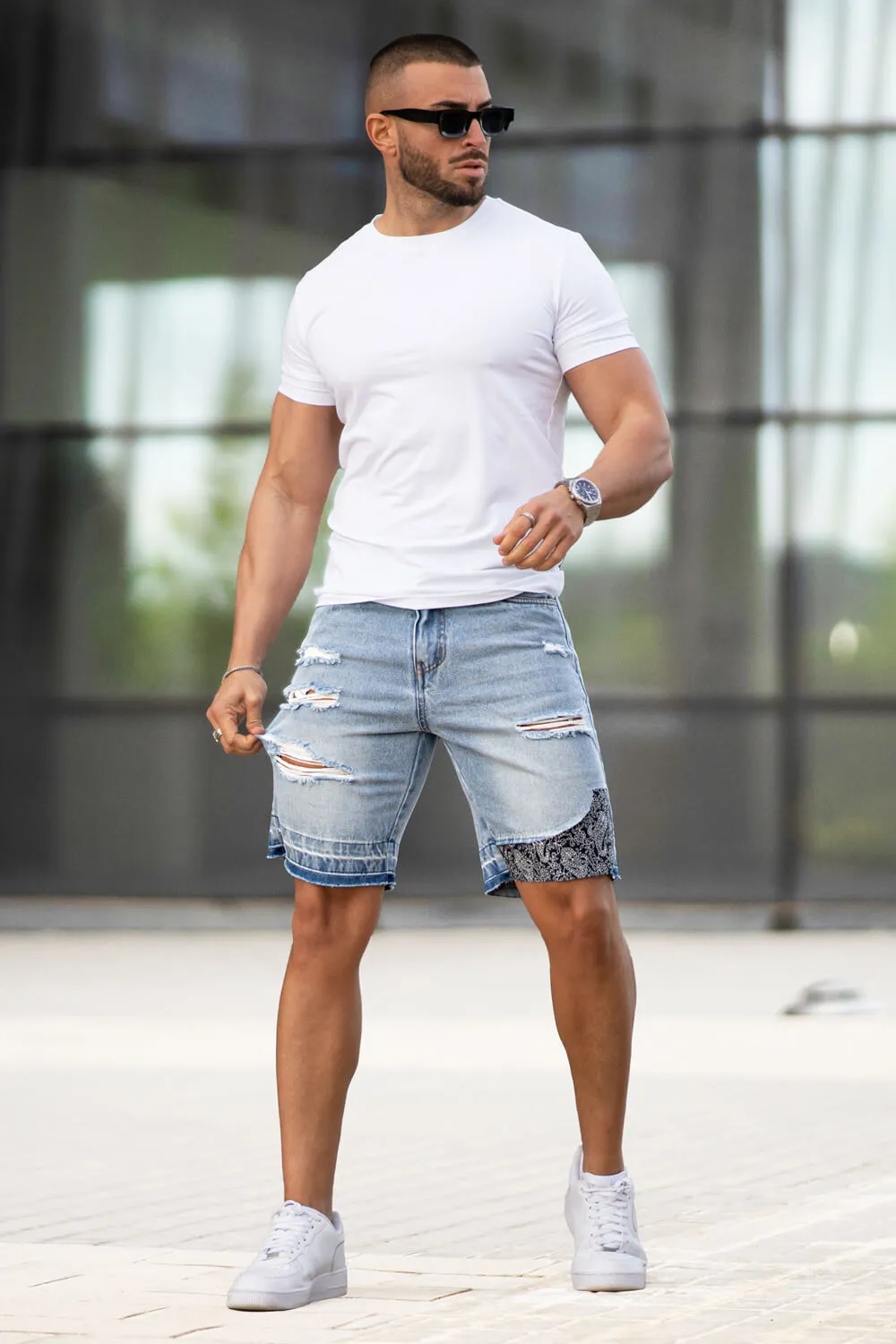 Men's Ripped Denim Short - Light Blue