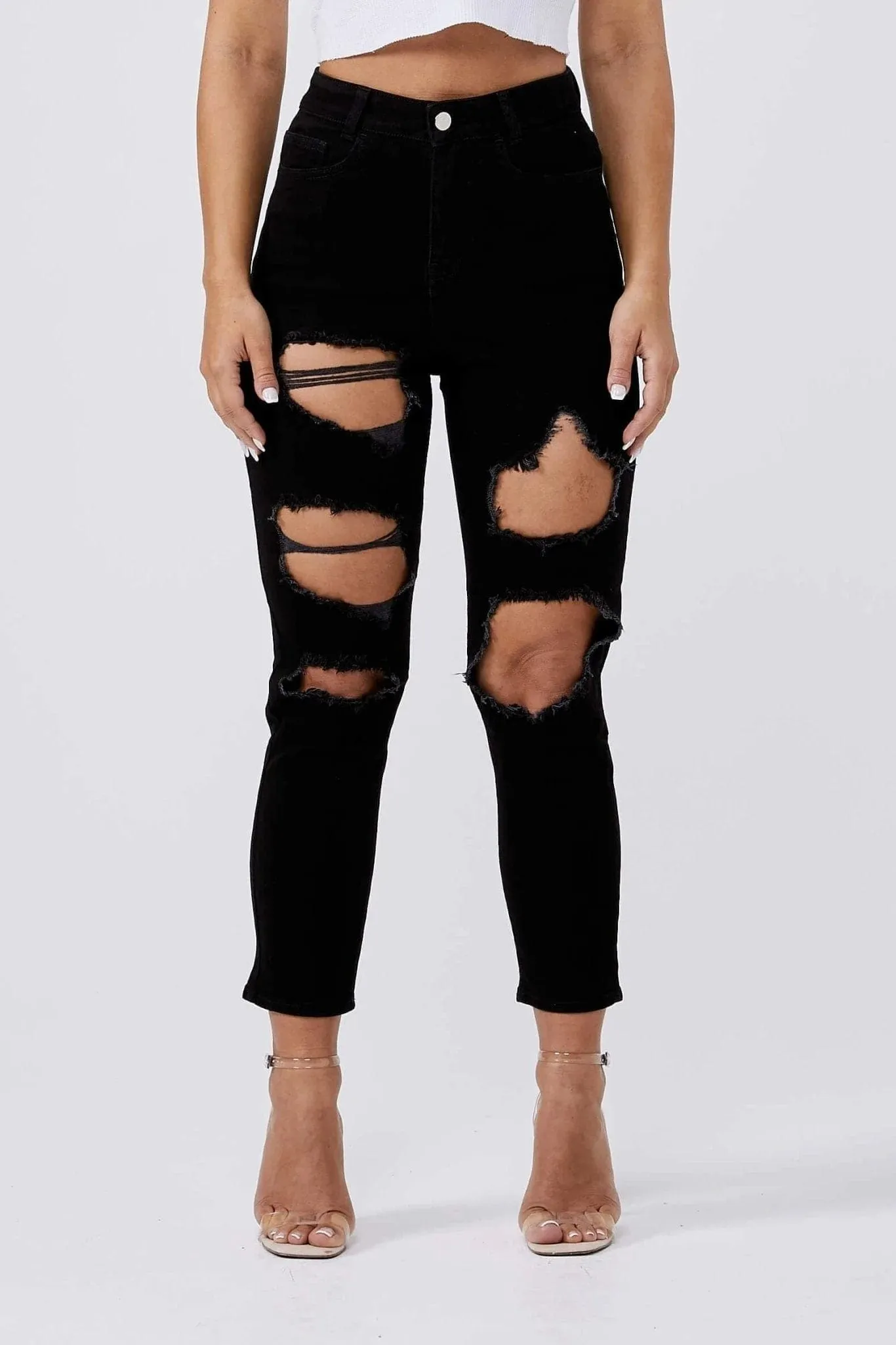 MOM JEANS MULTI RIPPED - BLACK