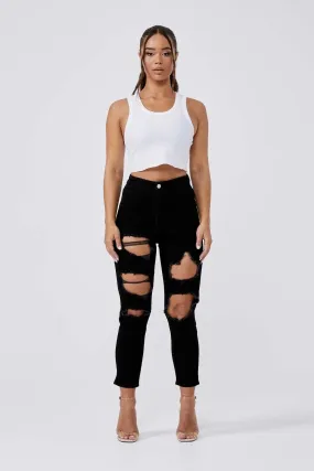 MOM JEANS MULTI RIPPED - BLACK