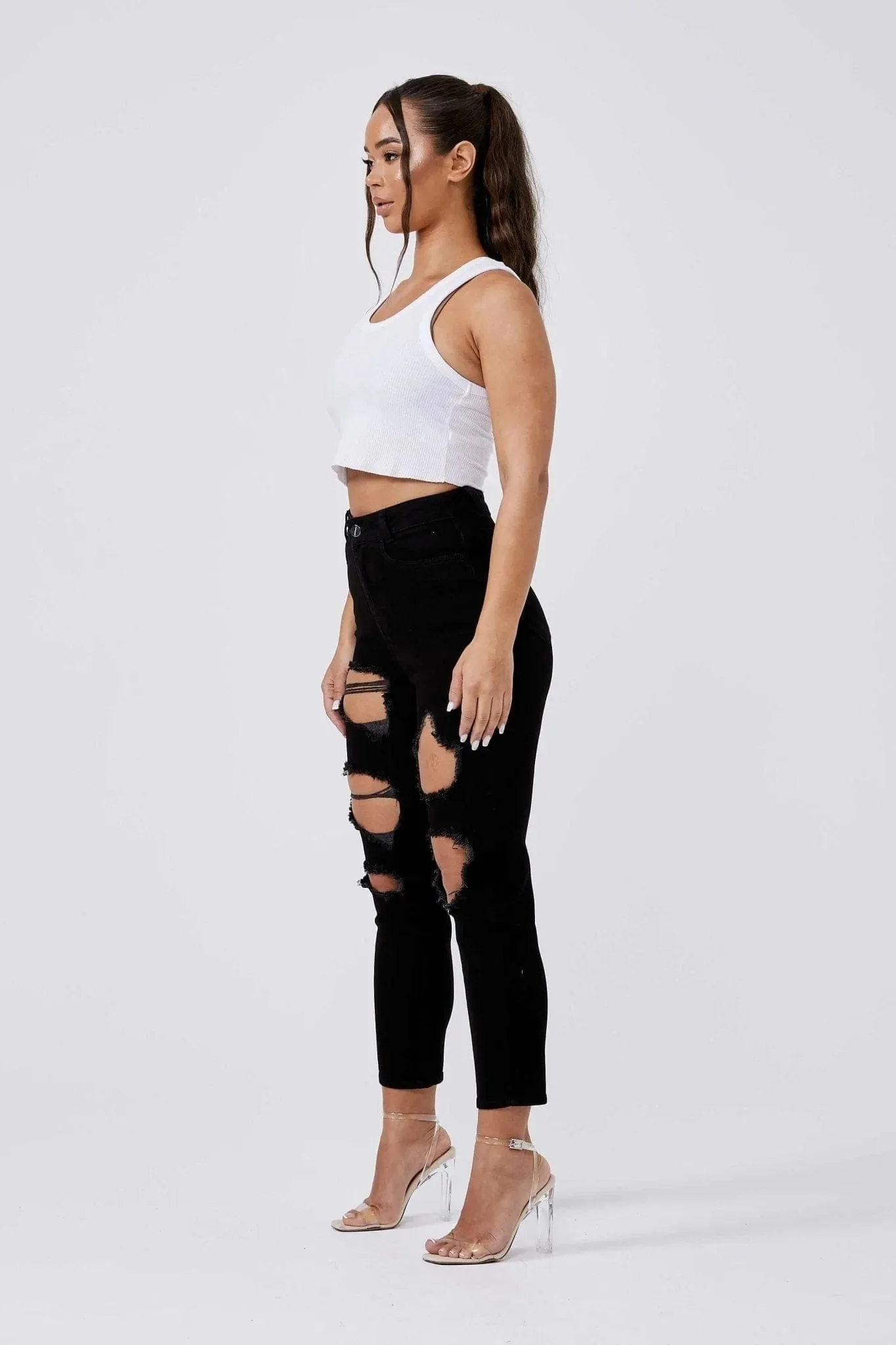 MOM JEANS MULTI RIPPED - BLACK