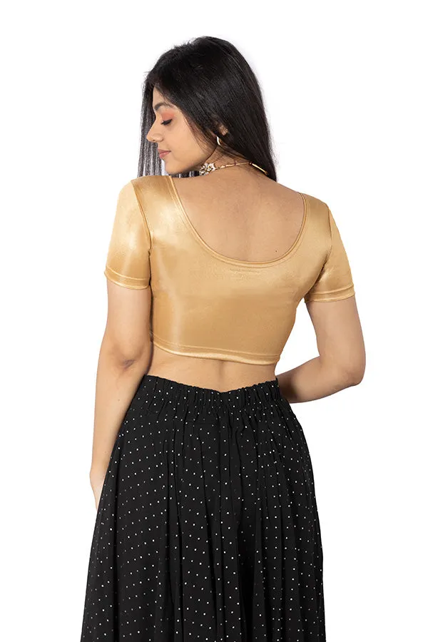 Naidu Hall Knitted Non-Padded Blouse With Round Neck Princess Cut Short Sleeve - Gold