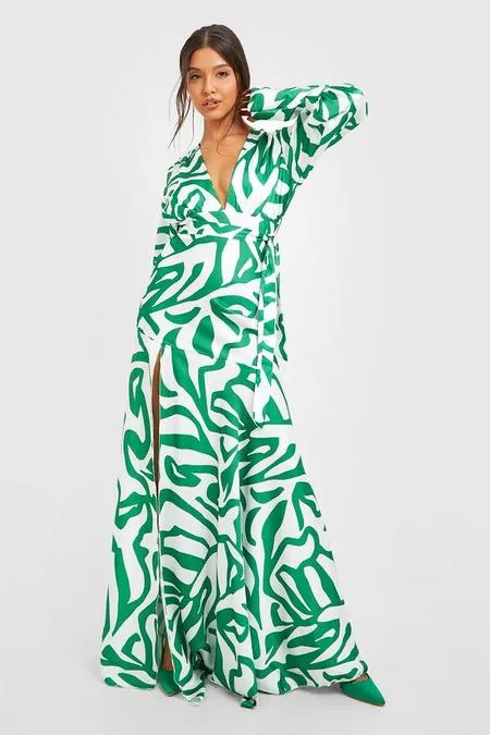 Printed satin side split belted maxi dress