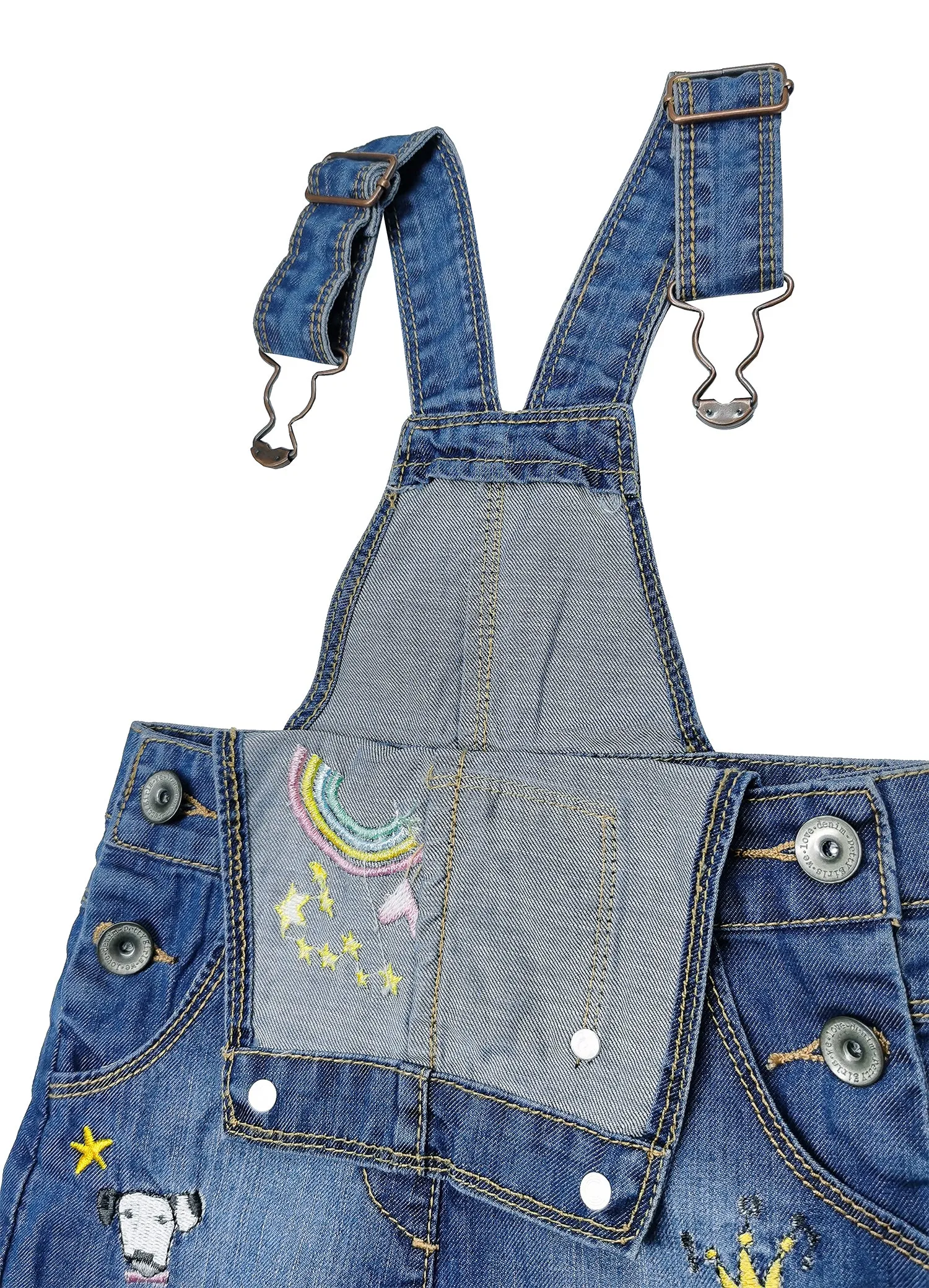 Rainbow Animal Embroidered Cuffed Fringe Bottom Denim Shortalls