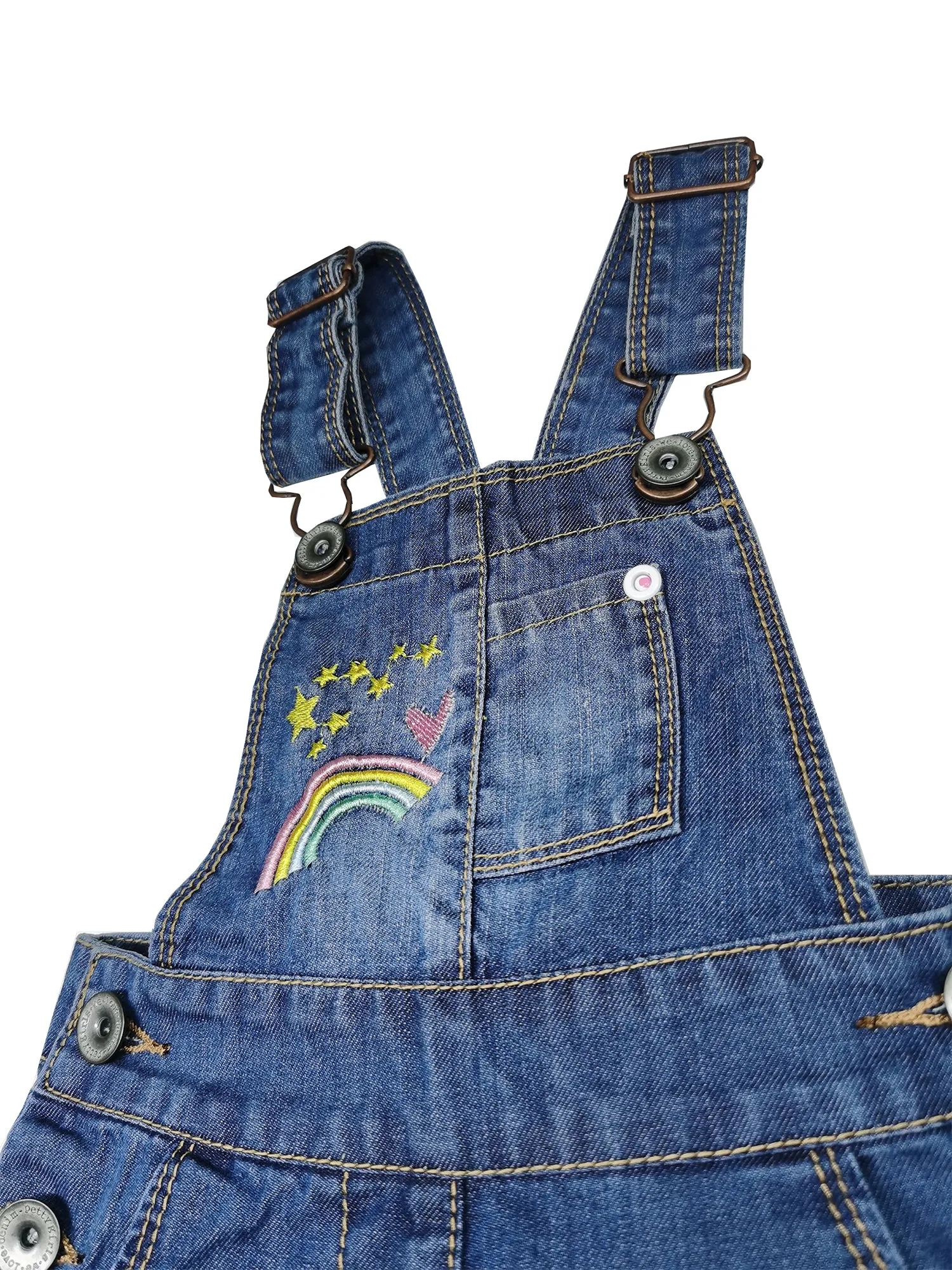 Rainbow Animal Embroidered Cuffed Fringe Bottom Denim Shortalls