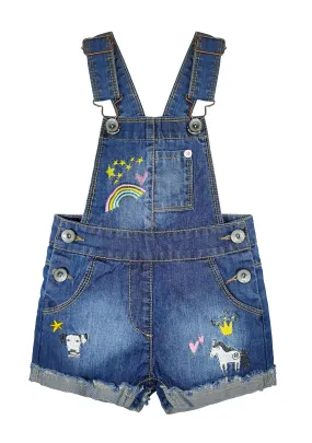 Rainbow Animal Embroidered Cuffed Fringe Bottom Denim Shortalls