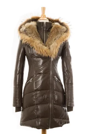 Sia Leather Down Coat With Fur Trim